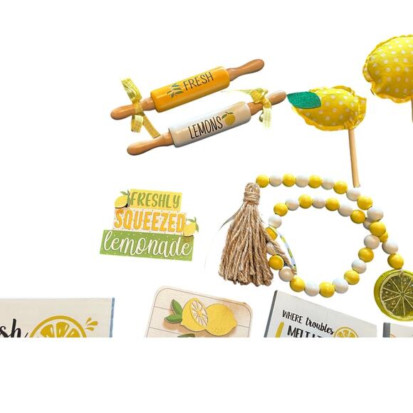 GUC Lot of Lemon Decor Tiered Tray Decor Includes Table Runner Signs Beads - Picture 2 of 6